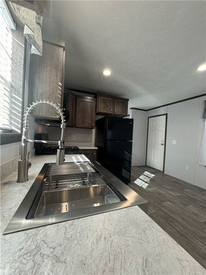 Interior, Kitchen, Marble, Recessed Lighting, Wood Texture Flooring