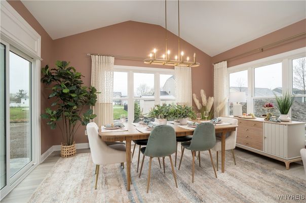 Dining room, Interior, Pendant Lights, Wood Texture Flooring
