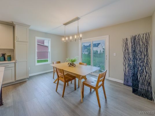 Dining room, Interior, Pendant Lights, Wood Texture Flooring