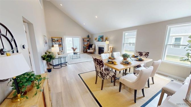 Dining room, Fireplace, Interior, Living room, Recessed Lighting, Wood Texture Flooring