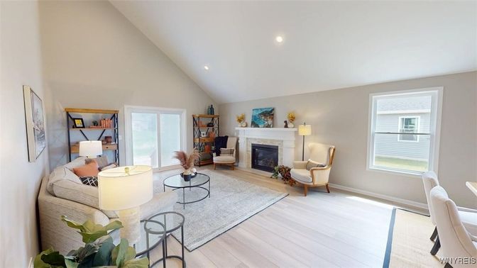 Fireplace, Interior, Living room, Recessed Lighting, Wood Texture Flooring