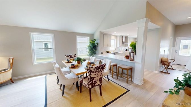 Dining room, Interior, Kitchen, Recessed Lighting, Wood Texture Flooring