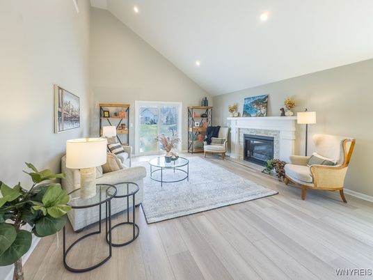 Fireplace, Interior, Living room, Recessed Lighting, Wood Texture Flooring