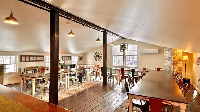 Dining room, Fireplace, Interior, Pendant Lights, Wood Texture Flooring