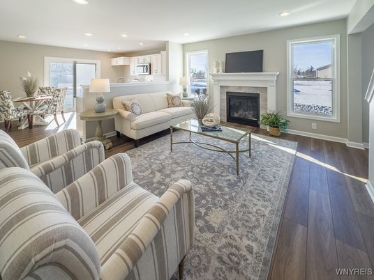 Dining room, Fireplace, Interior, Living room, Recessed Lighting, Wood Texture Flooring
