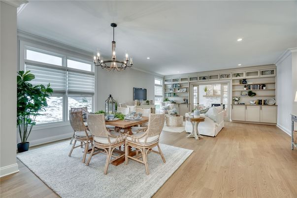 Chandelier, Dining room, Interior, Living room, Recessed Lighting, Wood Texture Flooring