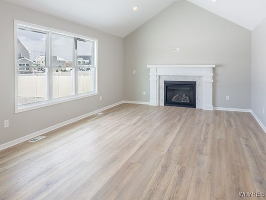 Empty room, Fireplace, Interior, Recessed Lighting, Wood Texture Flooring