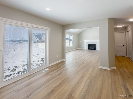 Empty room, Fireplace, Interior, Recessed Lighting, Wood Texture Flooring