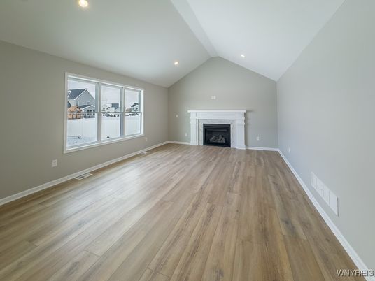Empty room, Fireplace, Interior, Recessed Lighting, Wood Texture Flooring
