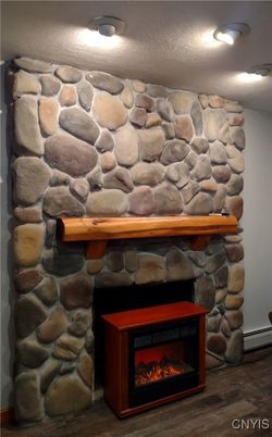 Fireplace, Interior, Recessed Lighting, Stone Walls