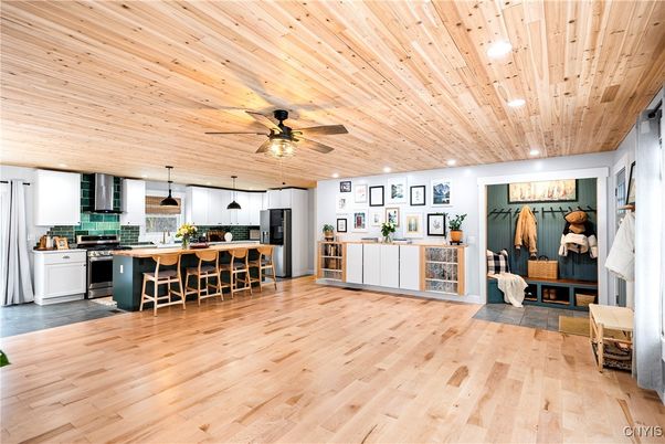 Interior, Kitchen, Pendant Lights, Recessed Lighting, Wooden Ceilings, Wood Texture Flooring