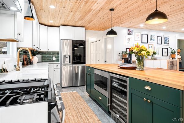 Interior, Kitchen, Pendant Lights, Recessed Lighting, Stainless Steel Appliances, Wooden Ceilings