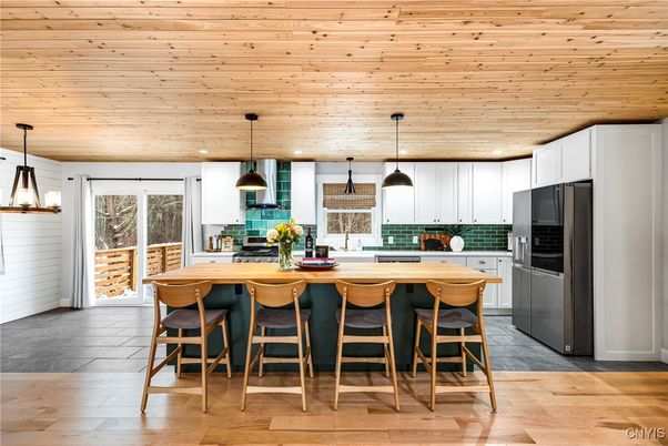 Interior, Kitchen, Pendant Lights, Recessed Lighting, Stainless Steel Appliances, Wooden Ceilings, Wood Texture Flooring