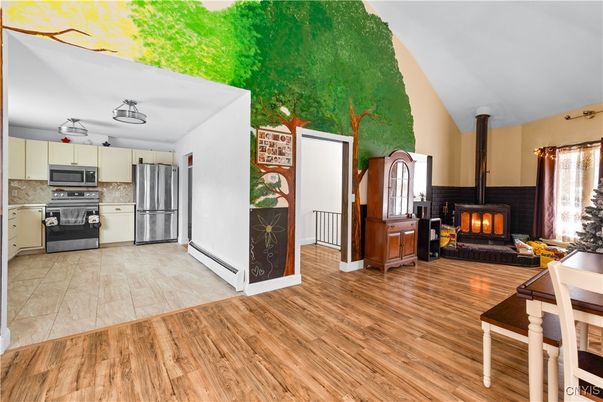 Fireplace, Interior, Kitchen, Wood Texture Flooring