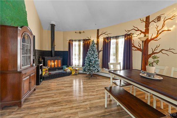 Dining room, Fireplace, Interior, Wood Texture Flooring