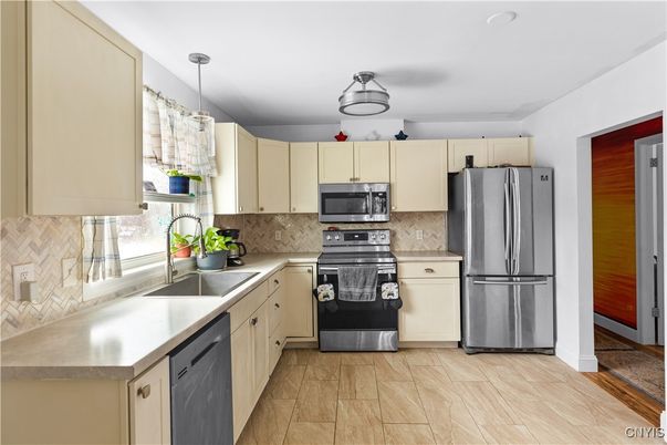 Interior, Kitchen, Pendant Lights, Stainless Steel Appliances, Wood Texture Flooring