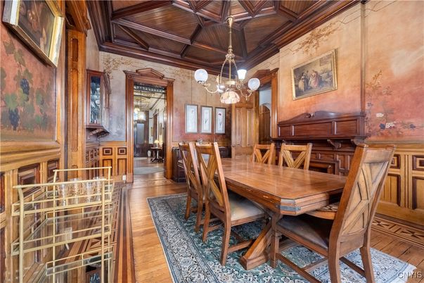 Chandelier, Dining room, Interior, Wooden Beams, Wooden Ceilings, Wood Texture Flooring, Wooden Walls