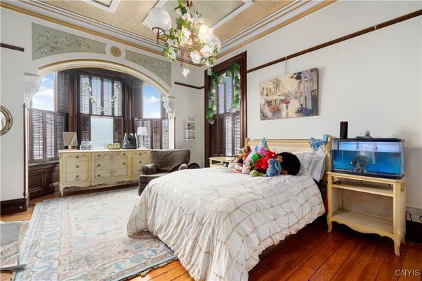 Bedroom, Chandelier, Interior, Wood Texture Flooring