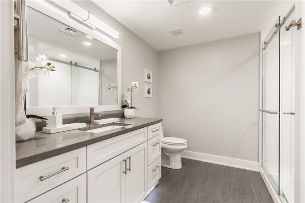 Bathroom, Glass Shower, Interior, Recessed Lighting, Wood Texture Flooring