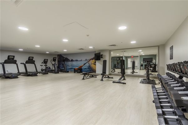 Fitness Equipment, Gym, Interior, Recessed Lighting, Wood Texture Flooring