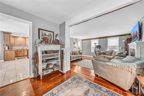 Fireplace, Interior, Kitchen, Living room, Recessed Lighting, Wood Texture Flooring