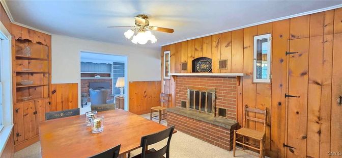 Dining room, Fireplace, Interior, Stone Walls, Wooden Walls