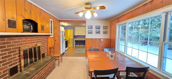 Dining room, Fireplace, Interior, Wooden Walls