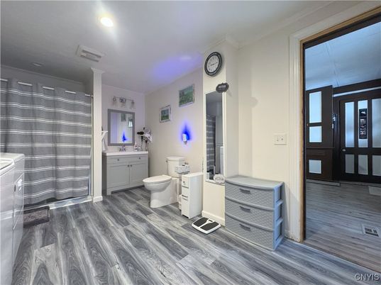 Bathroom, Interior, Recessed Lighting, Wood Texture Flooring