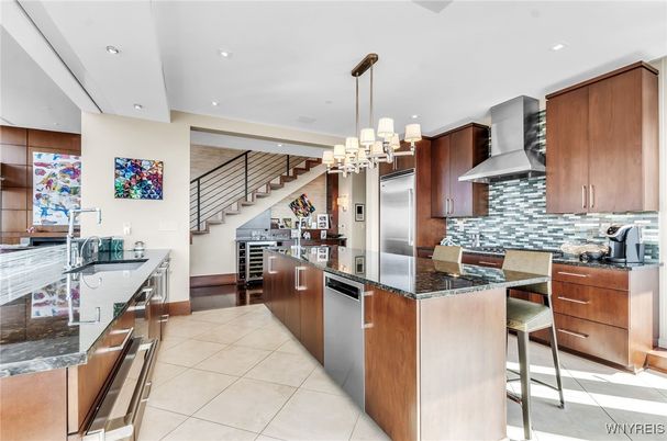Chandelier, Interior, Kitchen, Pendant Lights, Recessed Lighting, Stainless Steel Appliances