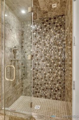 Bathroom, Glass Shower, Interior, Recessed Lighting, Stone Walls