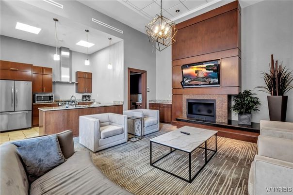 Fireplace, Interior, Kitchen, Living room, Pendant Lights, Stainless Steel Appliances