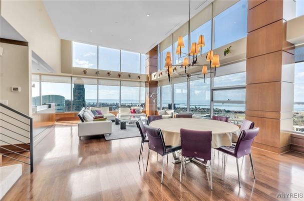 Dining room, Interior, Living room, Pendant Lights, Recessed Lighting, Wood Texture Flooring
