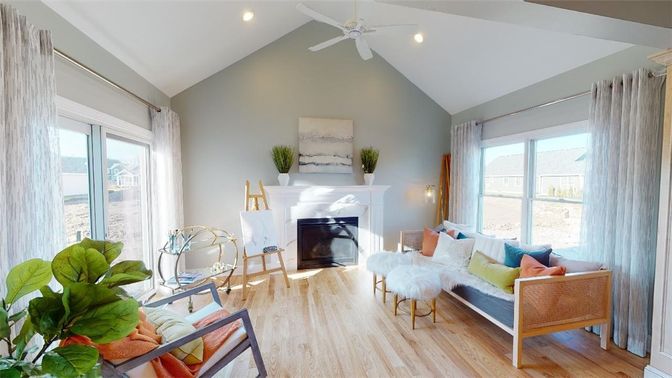 Fireplace, Interior, Living room, Recessed Lighting, Wood Texture Flooring