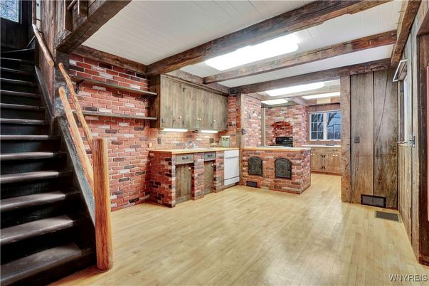 Interior, Kitchen, Stone Walls, Wooden Beams, Wood Texture Flooring