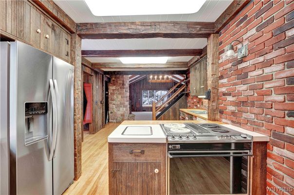 Interior, Kitchen, Stainless Steel Appliances, Stone Walls, Wooden Beams, Wood Texture Flooring