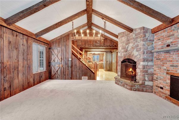 Chandelier, Empty room, Fireplace, Interior, Stone Walls, Wooden Beams, Wood Texture Flooring, Wooden Walls