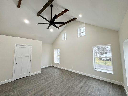 Empty room, Interior, Recessed Lighting, Wooden Beams, Wood Texture Flooring