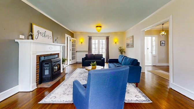 Fireplace, Interior, Living room, Pendant Lights, Wood Texture Flooring