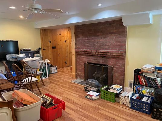 Fireplace, Home Office, Interior, Recessed Lighting, Stone Walls, Wood Texture Flooring