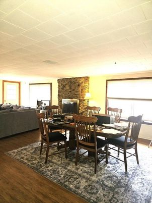 Dining room, Fireplace, Interior, Living room, Wood Texture Flooring