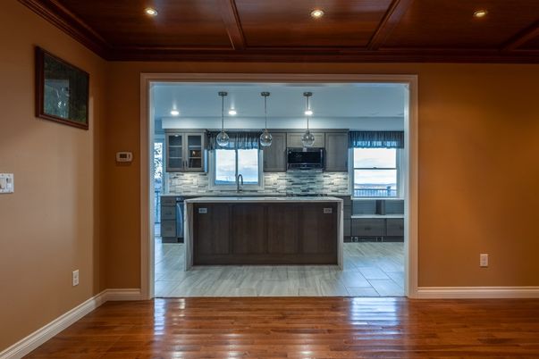 Interior, Kitchen, Pendant Lights, Recessed Lighting, Stainless Steel Appliances, Wooden Beams, Wooden Ceilings, Wood Texture Flooring
