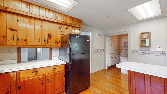 Interior, Kitchen, Tile Countertops, Wood Texture Flooring