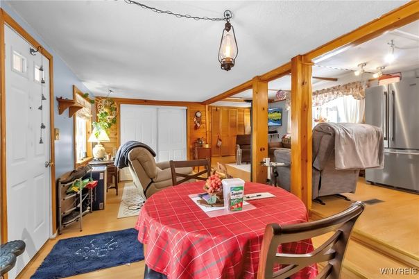 Dining room, Interior, Kitchen, Pendant Lights, Stainless Steel Appliances, Wood Texture Flooring