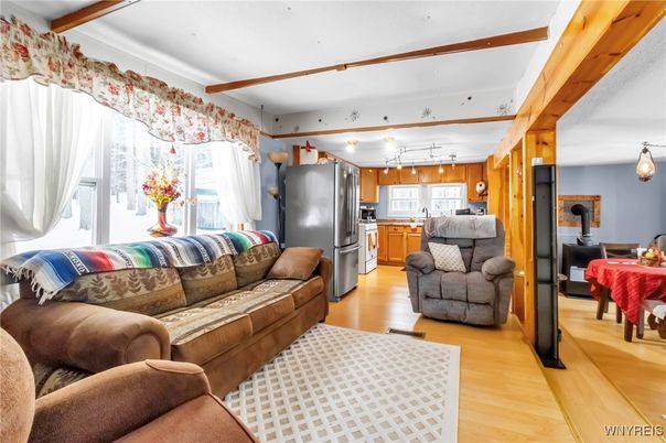 Dining room, Interior, Kitchen, Living room, Pendant Lights, Stainless Steel Appliances, Wooden Beams, Wood Texture Flooring