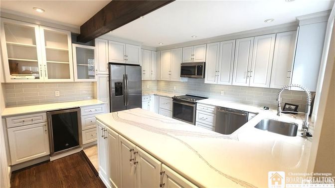 Interior, Kitchen, Recessed Lighting, Stainless Steel Appliances, Wooden Beams, Wood Texture Flooring