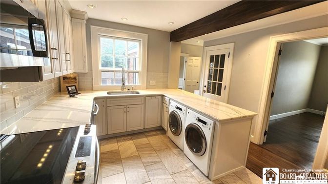 Interior, Kitchen, Recessed Lighting, Washer, Wooden Beams, Wood Texture Flooring