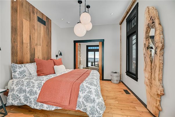 Bedroom, Interior, Pendant Lights, Recessed Lighting, Wood Texture Flooring