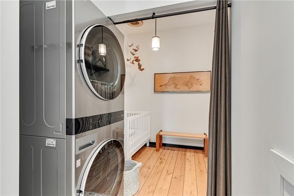 Interior, Pendant Lights, Utility Closets, Washer, Wood Texture Flooring
