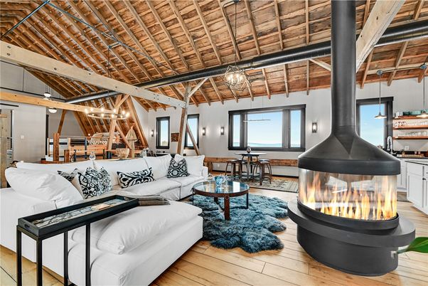 Dining room, Fireplace, Interior, Living room, Pendant Lights, Wooden Beams, Wooden Ceilings, Wood Texture Flooring
