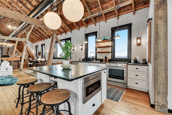 Dining room, Interior, Kitchen, Pendant Lights, Stainless Steel Appliances, Wooden Beams, Wooden Ceilings, Wood Texture Flooring